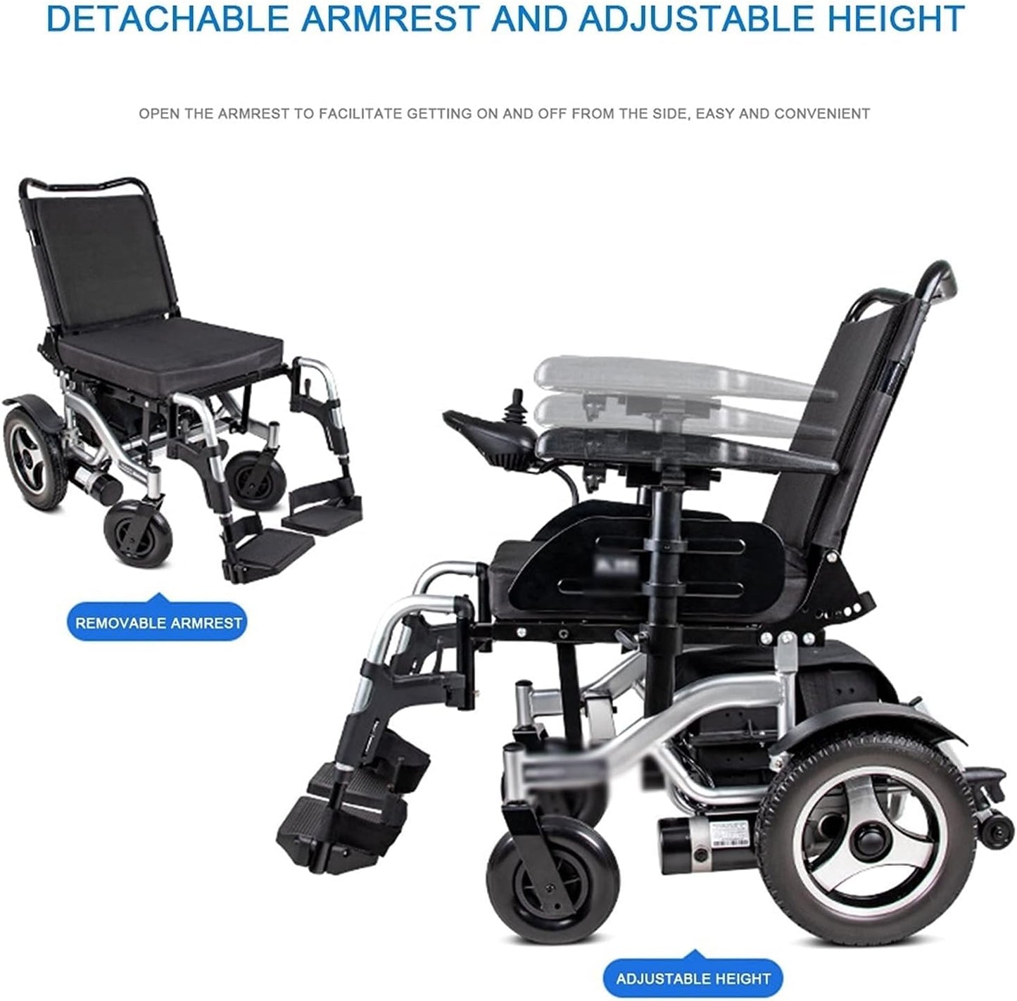 Luxury Electric Wheelchair, Electric Foldable Super Power Low Noise Large Capacity Battery Breathable Cushion and Backrest (Black)