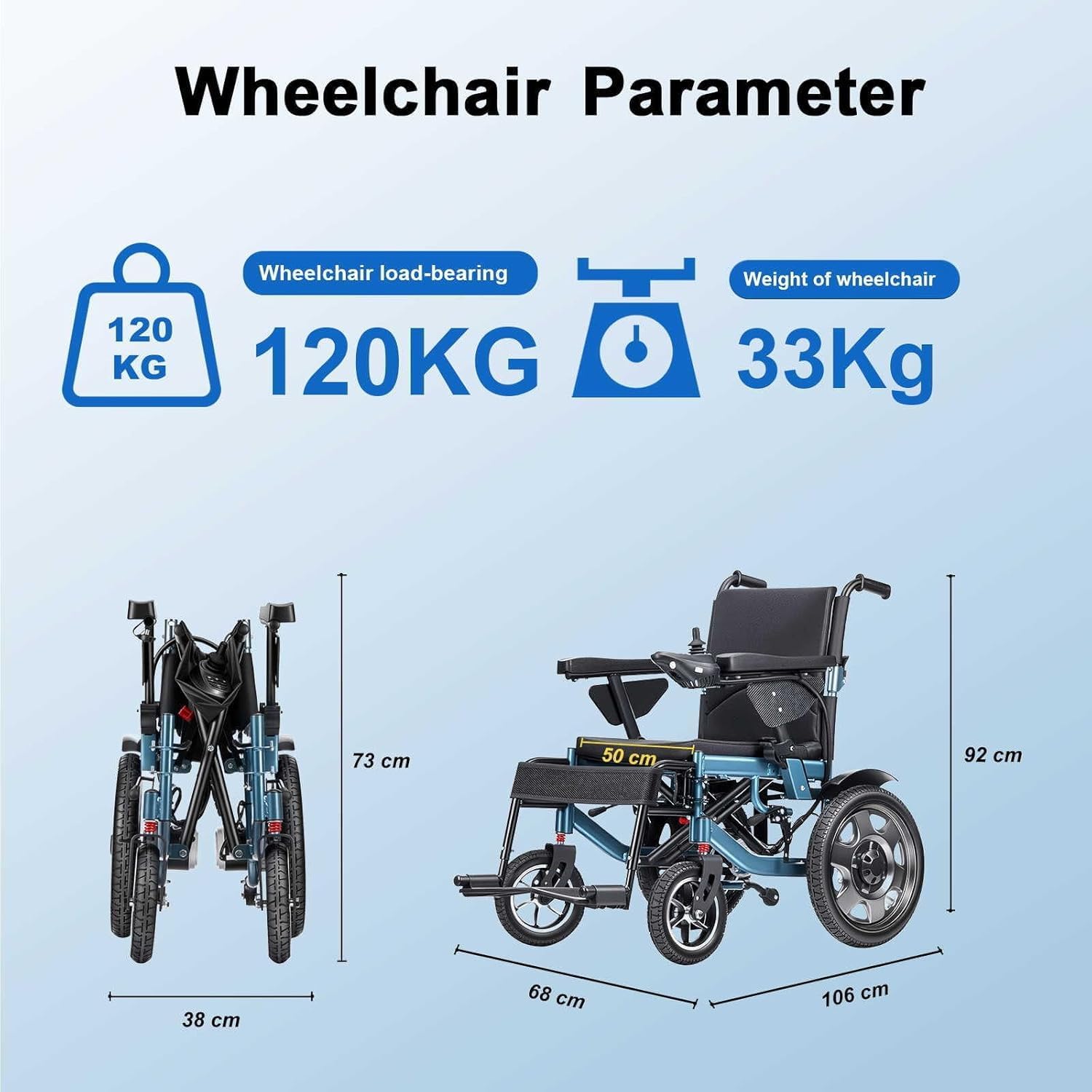 33Kg Net Weight Heavy-Duty Electric Wheelchair, Adults Seniors Power Mobility Chair, 12Ah Lithium Battery 15Km Cruising Range, Dual Motors 600W Output, Carbon Steel Frame 120Kg Load