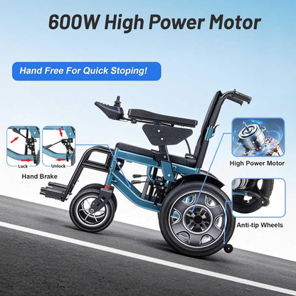 33Kg Net Weight Heavy-Duty Electric Wheelchair, Adults Seniors Power Mobility Chair, 12Ah Lithium Battery 15Km Cruising Range, Dual Motors 600W Output, Carbon Steel Frame 120Kg Load