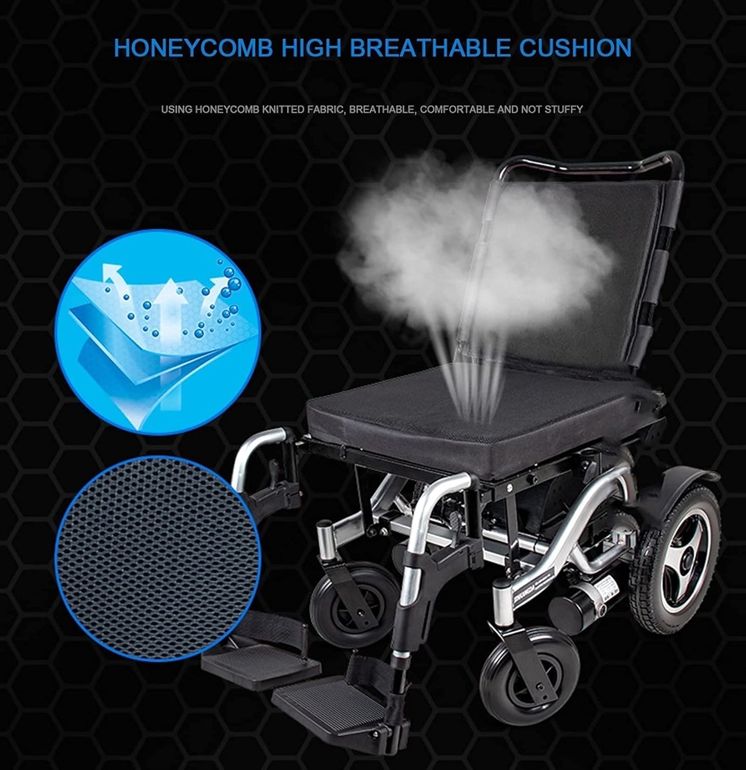 Luxury Electric Wheelchair, Electric Foldable Super Power Low Noise Large Capacity Battery Breathable Cushion and Backrest (Black)